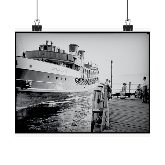 South Steyne Ferry arriving Manly Wharf 1940s Black and White Matte Horizontal Poster, Wall Art, Home Decor
