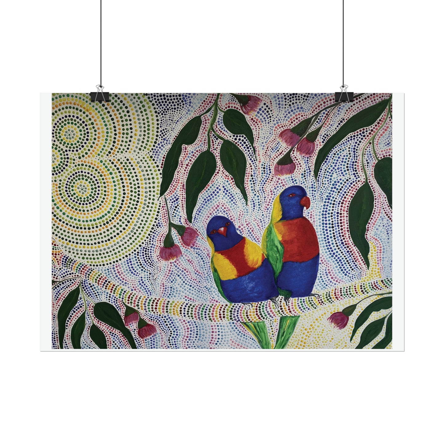 Two Rosellas in a Gum Tree Artist Kim's Dot Paintings Rolled Poster