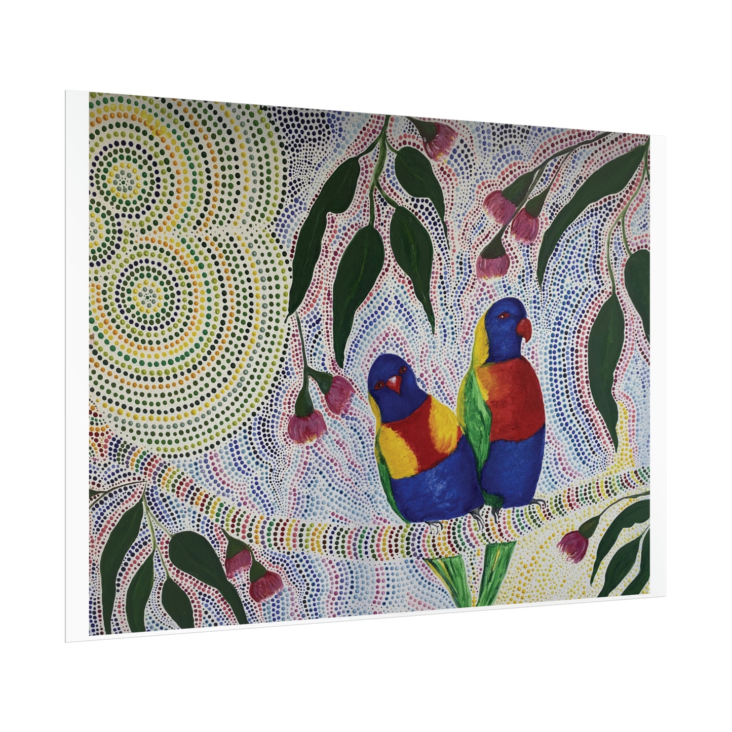 Two Rosellas in a Gum Tree Artist Kim's Dot Paintings Rolled Poster