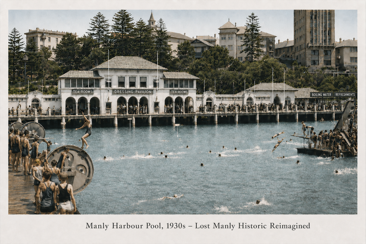 Manly Pavilion and Harbour Pool 1930s Historic Reimagined Print - Lost Manly Shop