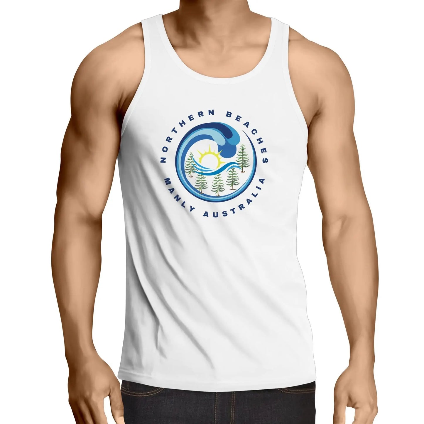 Northern Beaches Manly Australia front logo on AS Colour Cotton Singlet