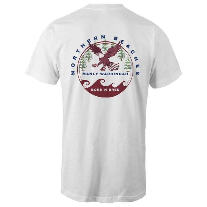 Tall Tee Shirt logo front and back Northern Beaches Manly Warringah BornNBred Navy font