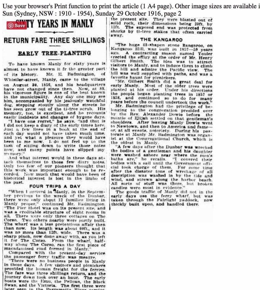 Sixty Years in Manly,  An Interview with Mr E. Badmington of Whistler Street, Manly The Sun 29 October, 1916.