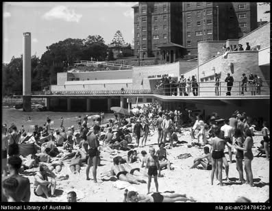 Manly Surf Life Saving Pavilion in the 1950s with Borambil behind