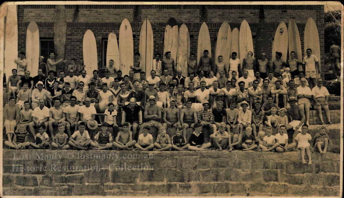 North Curl Curl Surf Club members with&nbsp;Long boards at North Curl Curl SLSC 1956