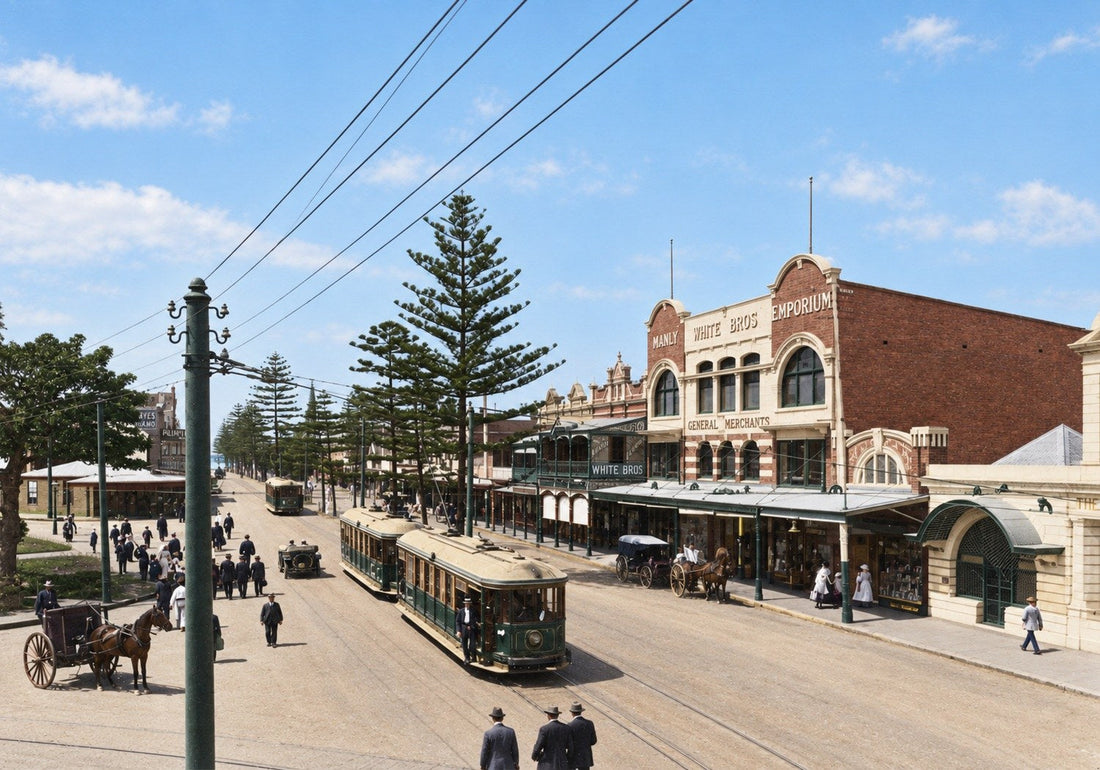 Restored and colourised c1913 view north-east from Manly Wharf along The Corso, Manly, showing the White Bros Emporium, trams and Norfolk Island pines