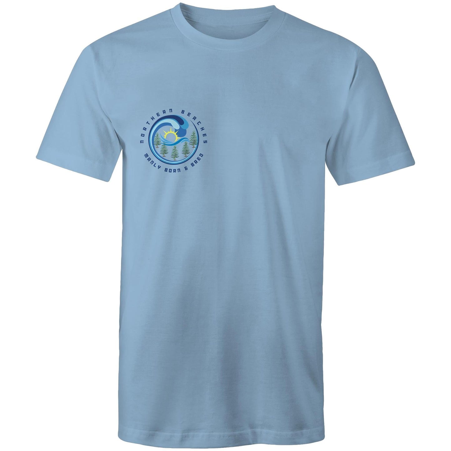 AS Colour Staple - Mens T-Shirt.Northern Beaches Manly Born & Bred pocket logo navy font - Lost Manly Shop