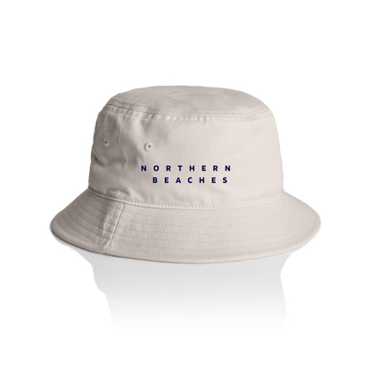 AS Colour Bucket Hat with customised Northern Beaches logo in navy font 
