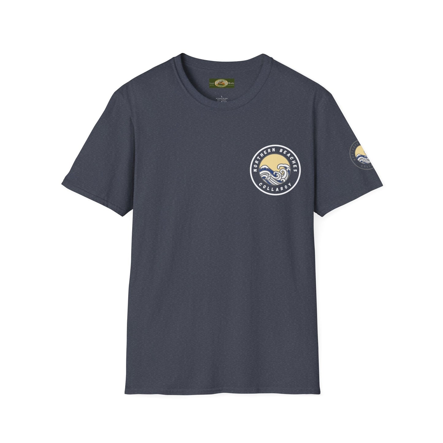 Collaroy custom logo front and sleeve. Lost Manly label. Unisex Soft style T-Shirt Printify