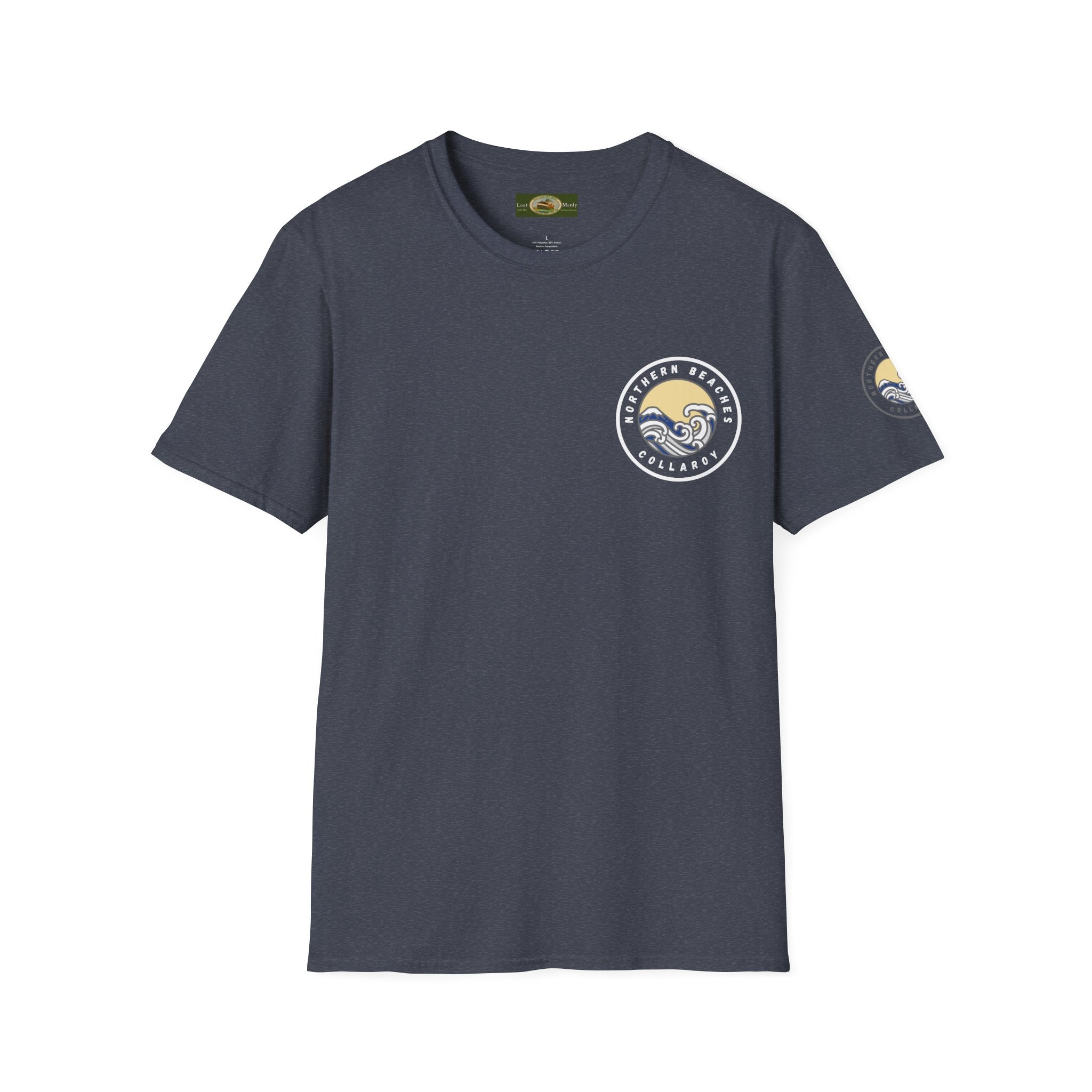 Collaroy custom logo front and sleeve. Lost Manly label. Unisex Soft style T-Shirt Printify