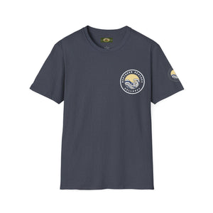 Collaroy custom logo front and sleeve. Lost Manly label. Unisex Soft style T-Shirt Printify