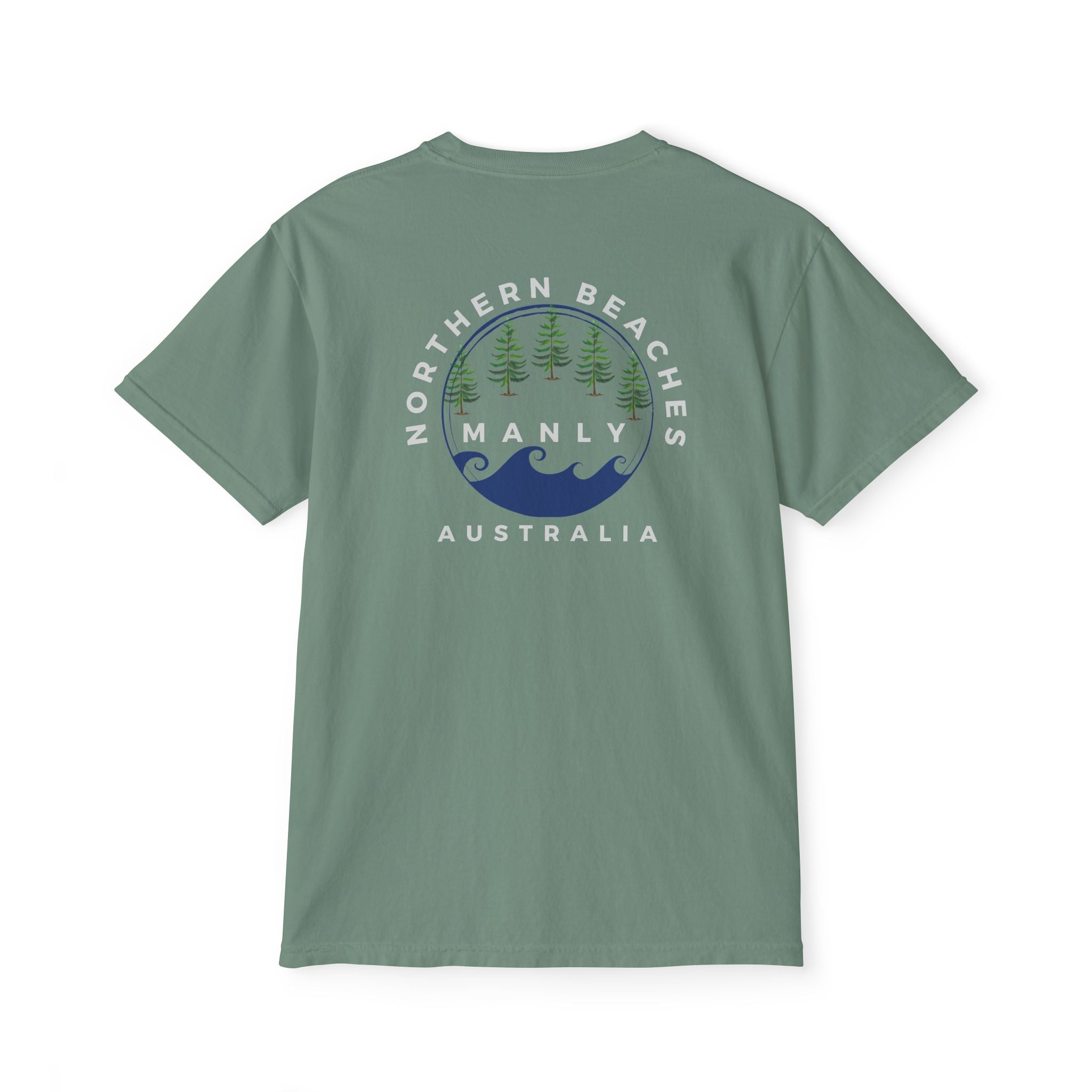 "The Westwood" Northern Beaches custom design front and back logo on Garment-Dyed Pocket T-Shirt for Nature Lovers Printify