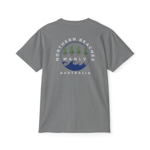 "The Westwood" Northern Beaches custom logo on front and back Pocket T-Shirt - Vintage Style for Beach Lovers Printify