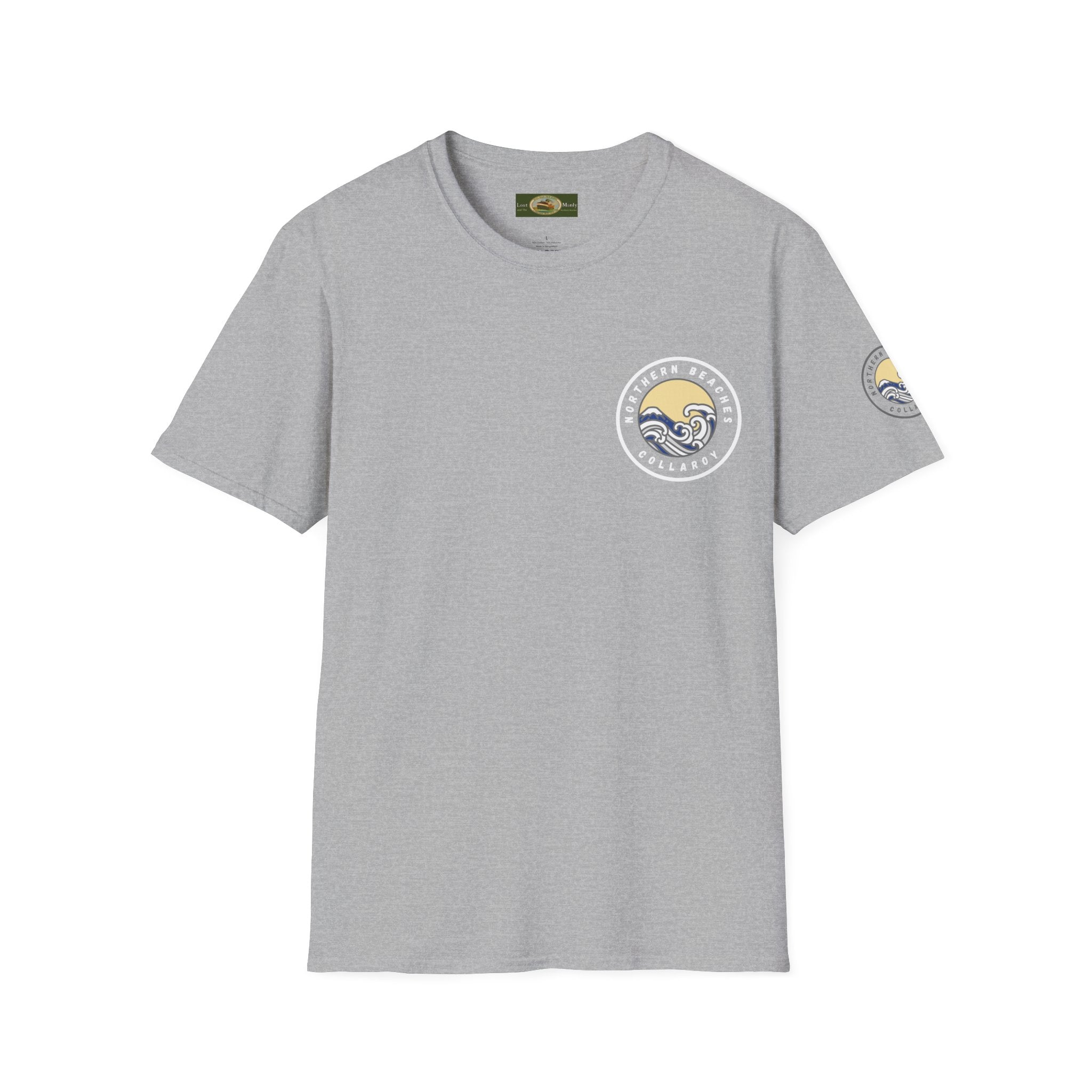 Collaroy custom logo front and sleeve. Lost Manly label. Unisex Soft style T-Shirt Printify