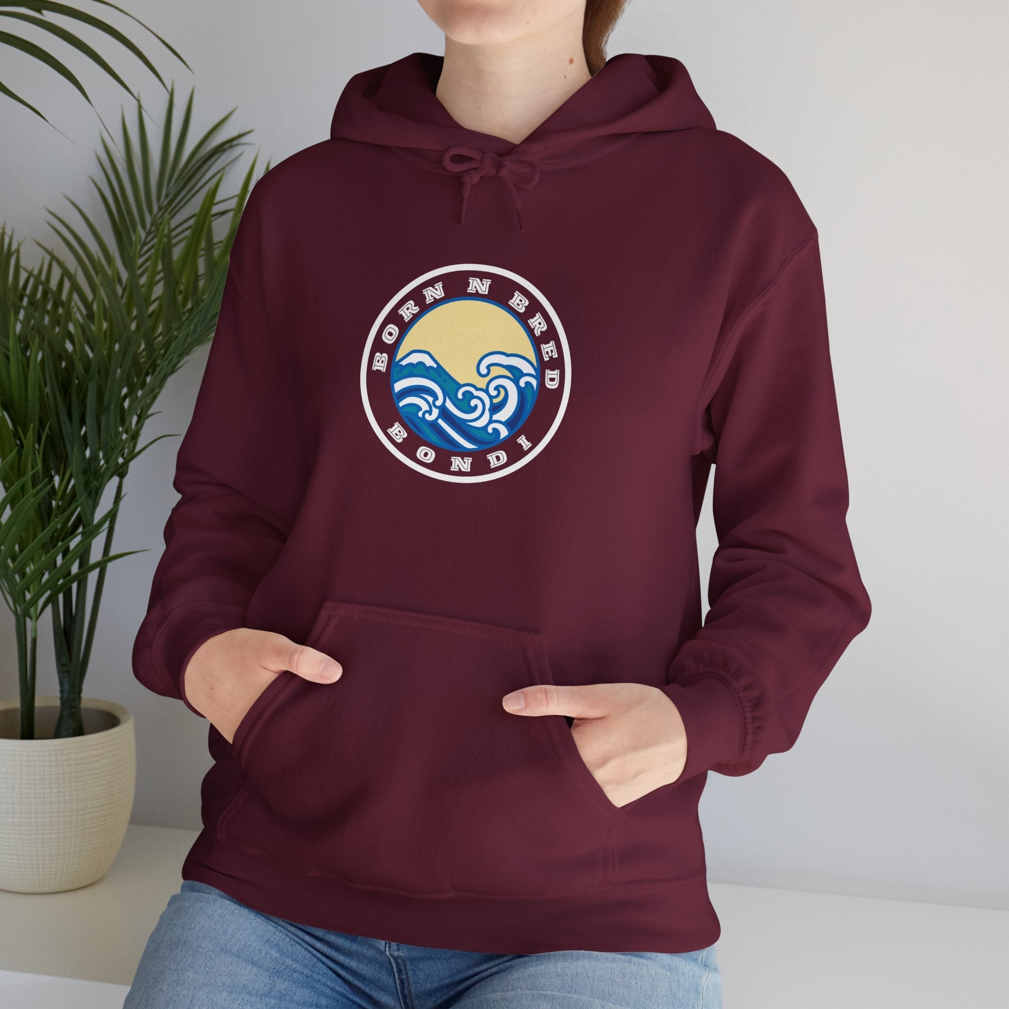Hoodie with free Canva custom design logo front back Bondi bnb/Bilgola 