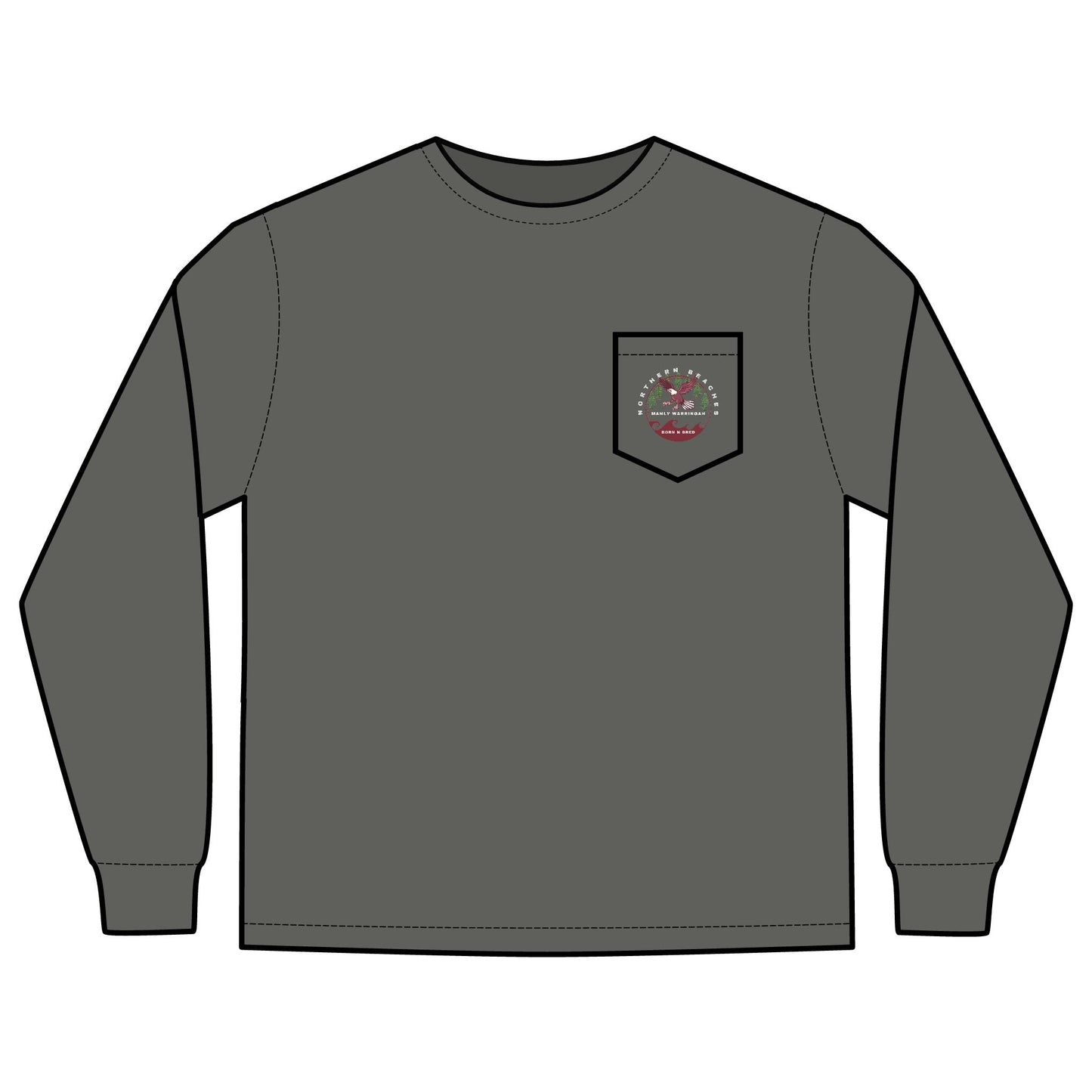 'The Westwood' Men's Long Sleeve Pocket T-Shirt with Northern Beaches Custom Design front and back logo