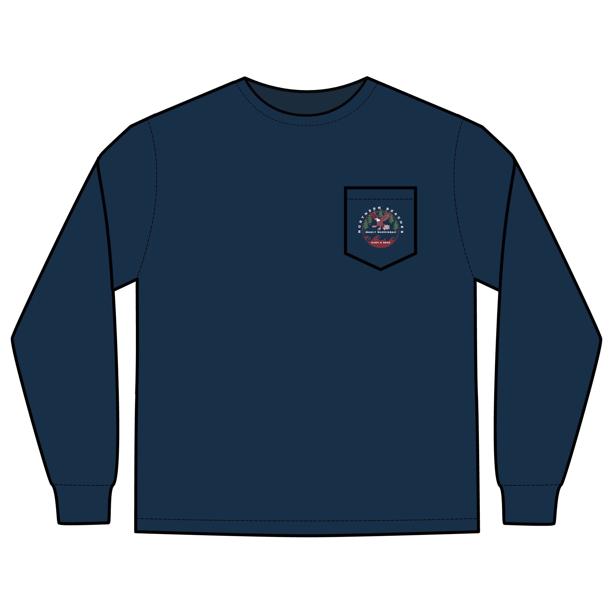 'The Westwood' Men's Long Sleeve Pocket T-Shirt with Northern Beaches Custom Design front and back logo Printify