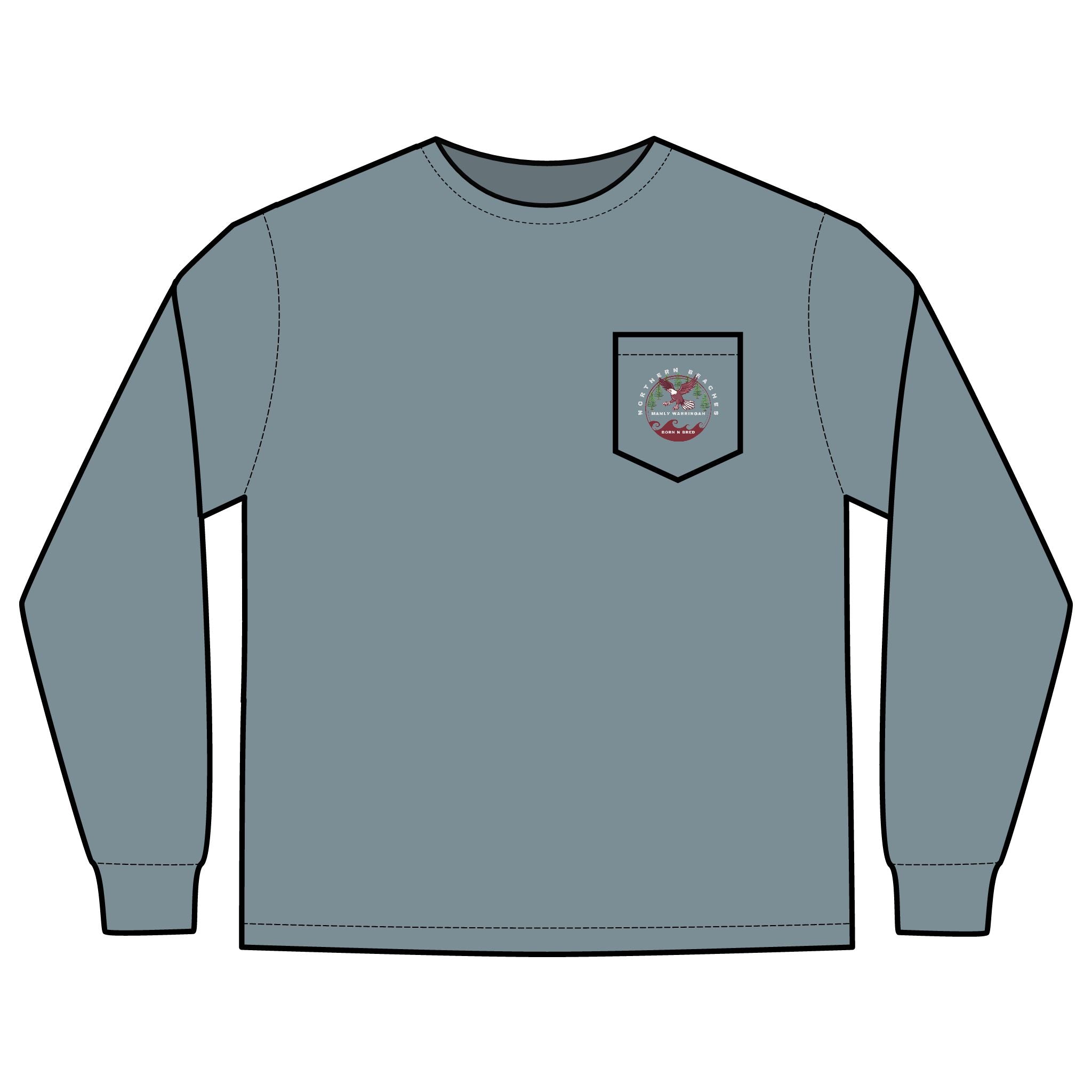 'The Westwood' Men's Long Sleeve Pocket T-Shirt with Northern Beaches Custom Design front and back logo Printify