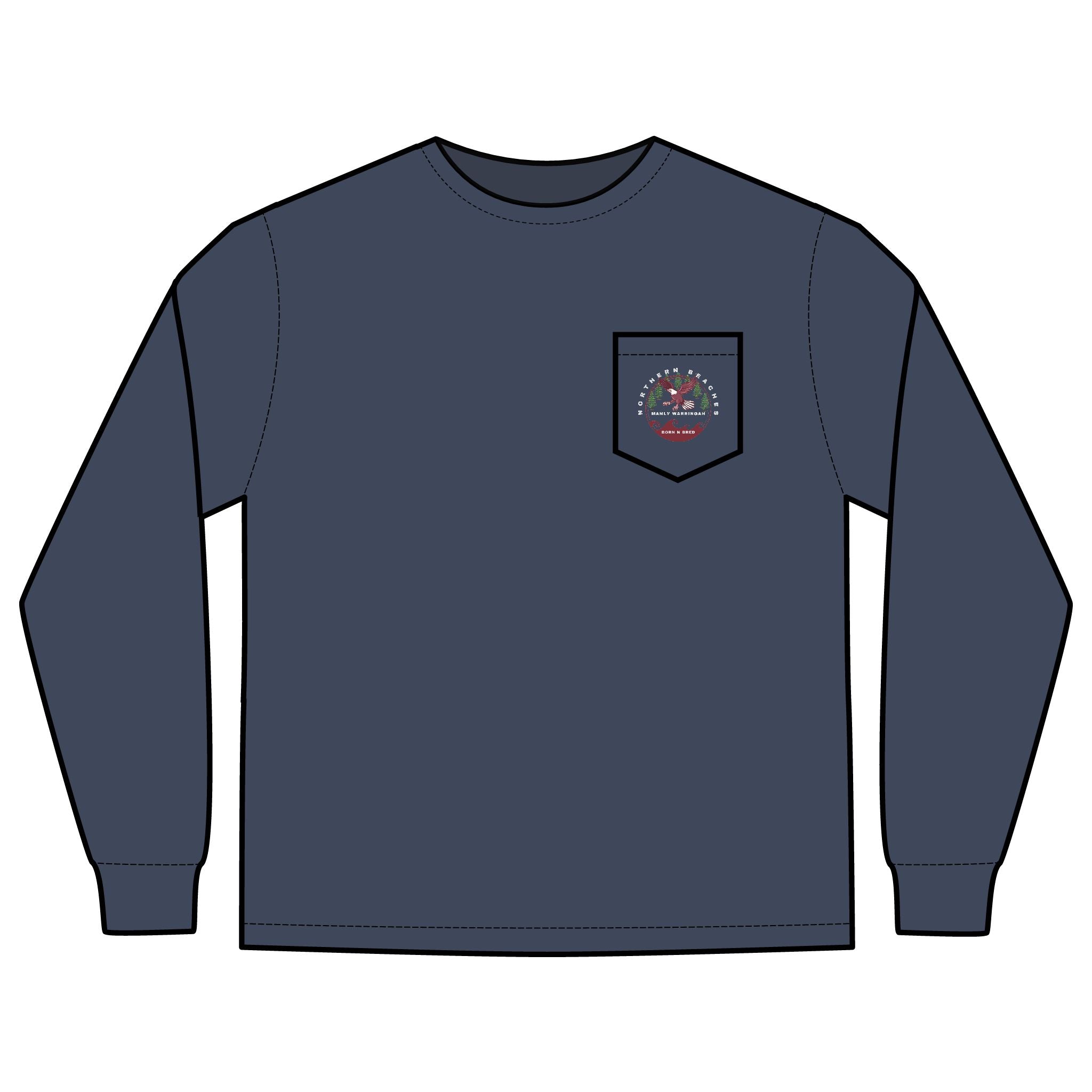 'The Westwood' Men's Long Sleeve Pocket T-Shirt with Northern Beaches Custom Design front and back logo Printify