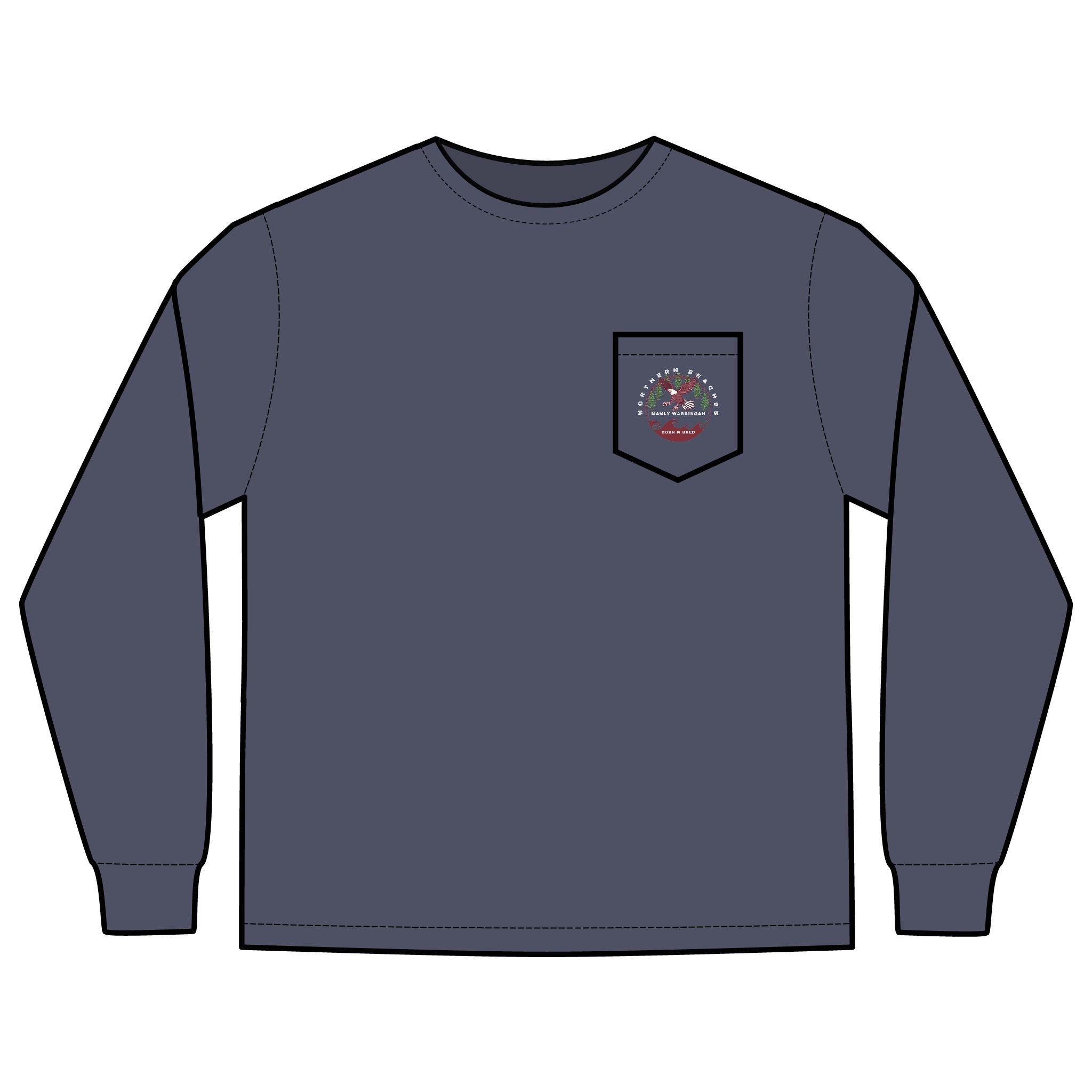'The Westwood' Men's Long Sleeve Pocket T-Shirt with Northern Beaches Custom Design front and back logo Printify