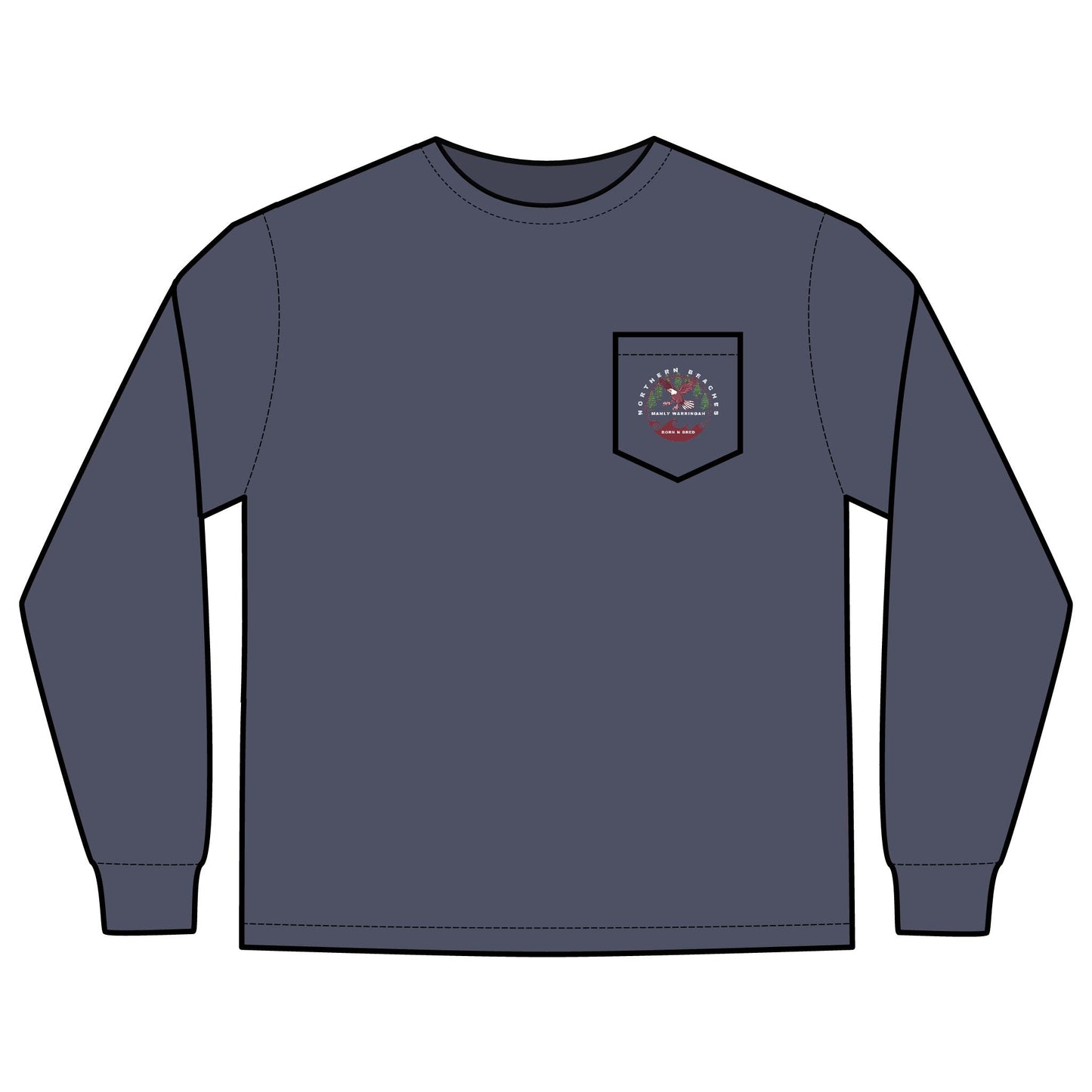 'The Westwood' Men's Long Sleeve Pocket T-Shirt with Northern Beaches Custom Design front and back logo