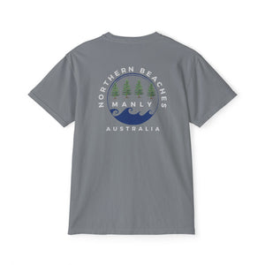 "The Westwood" Northern Beaches custom logo on front and back Pocket T-Shirt - Vintage Style for Beach Lovers Printify