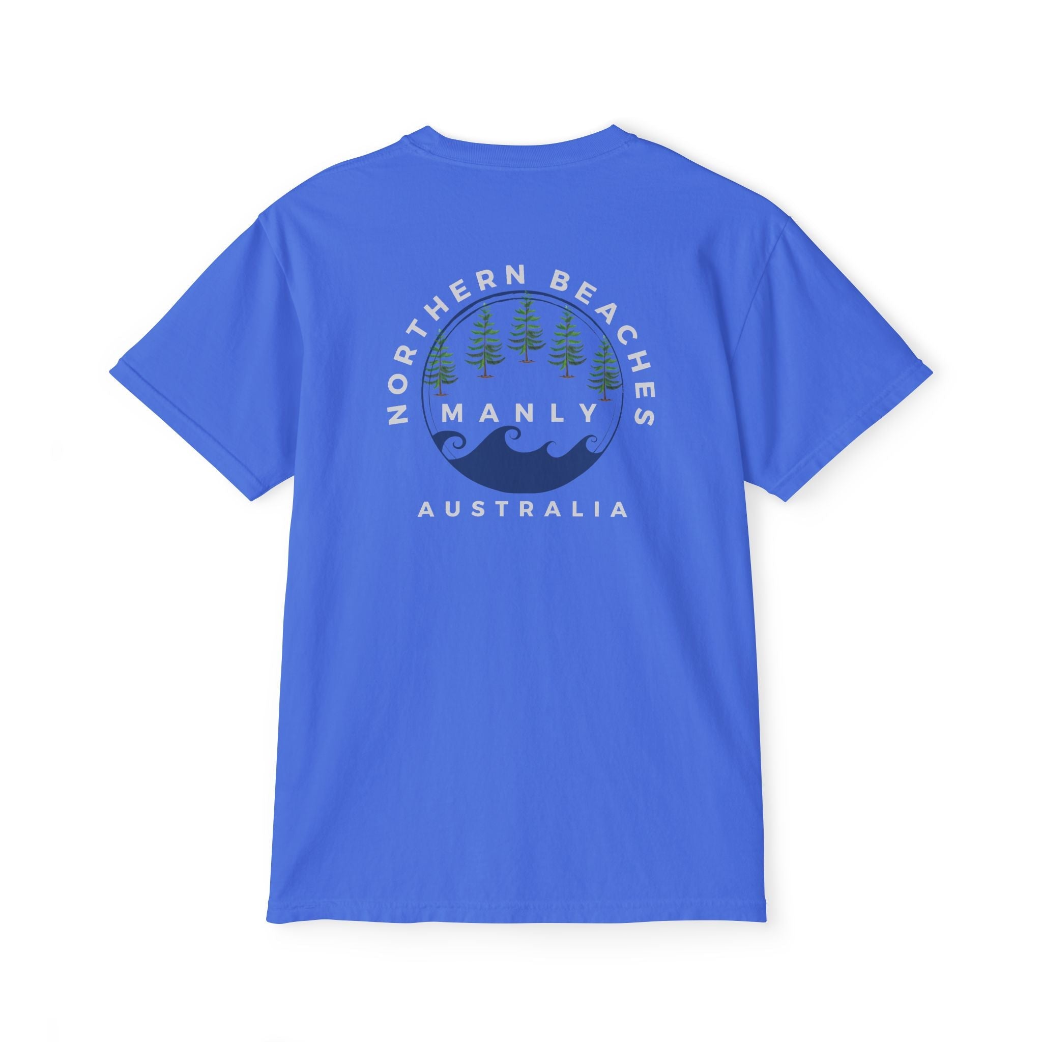 "The Westwood" Northern Beaches custom design front and back logo on Garment-Dyed Pocket T-Shirt for Nature Lovers Printify
