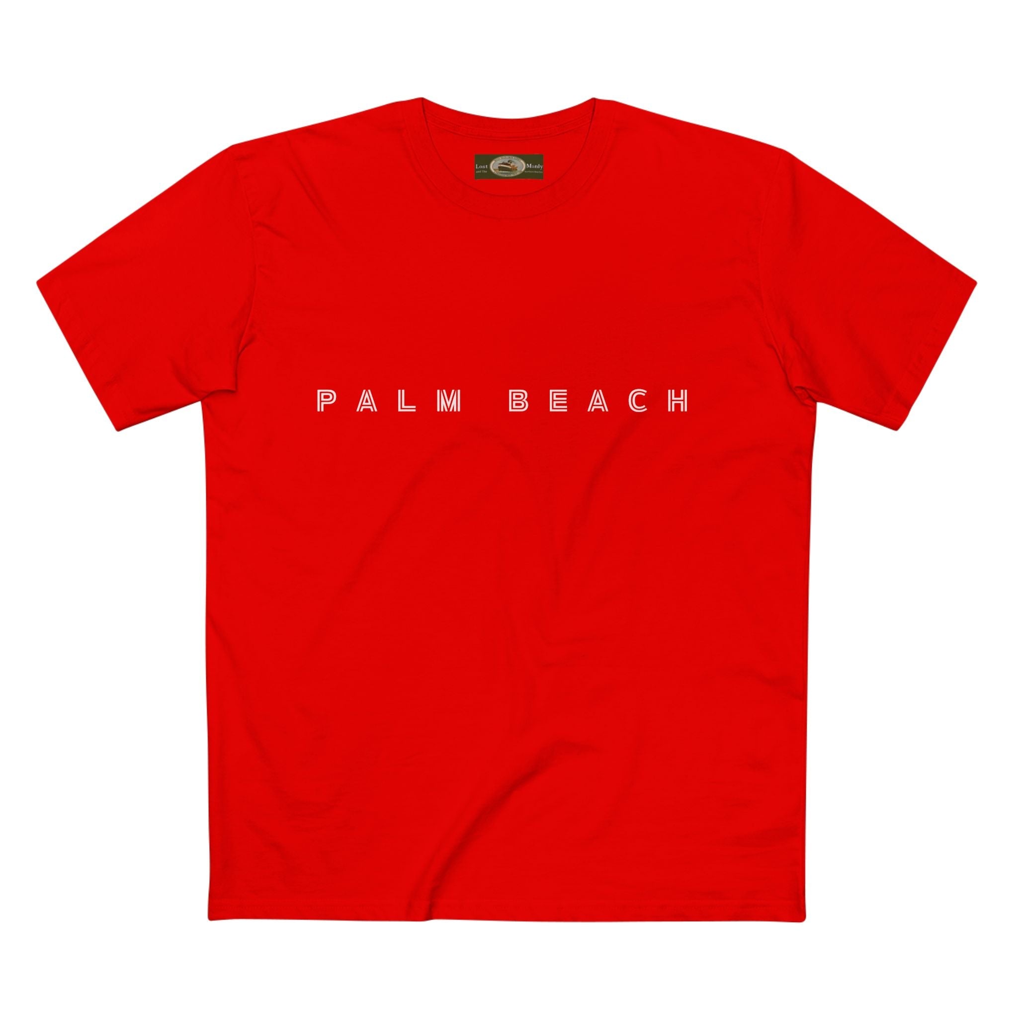 Palm Beach custom logo print Lost Manly label on Adult Staple Cotton T-Shirt Printify