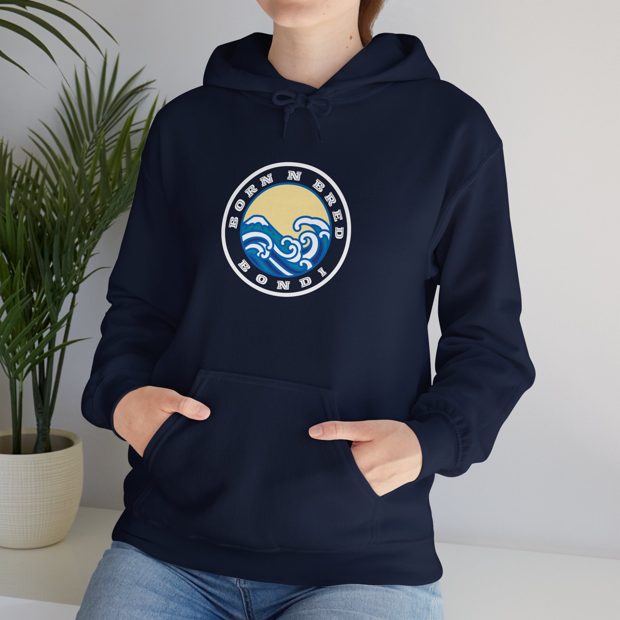 Hoodie with free Canva custom design logo front back Bondi bnb/Bilgola 