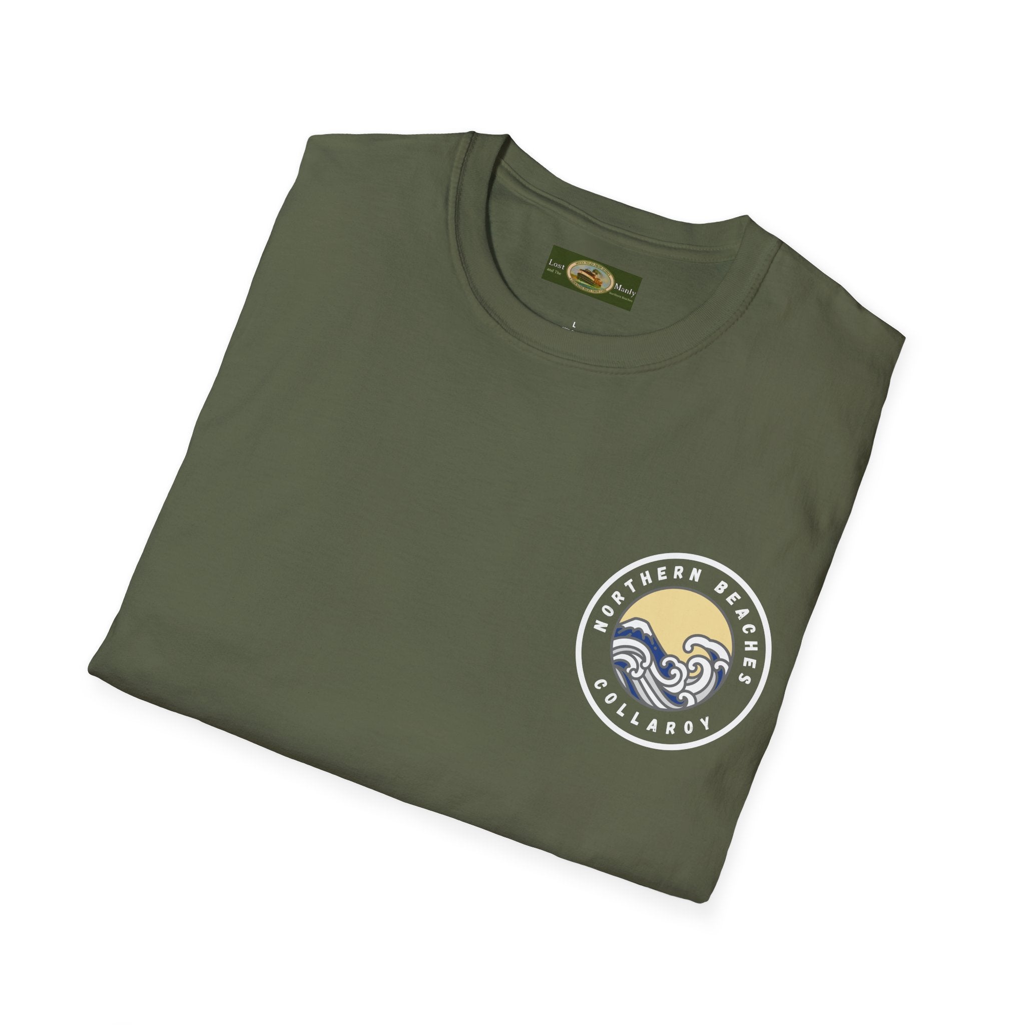 Collaroy custom logo front and sleeve. Lost Manly label. Unisex Soft style T-Shirt Printify