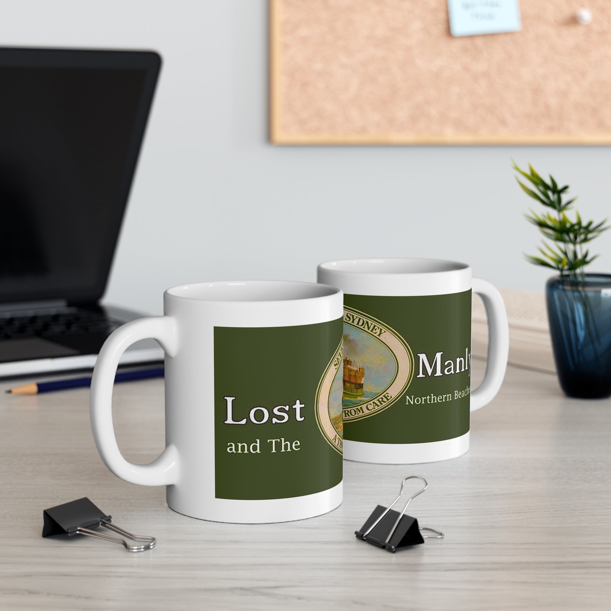 Coffee Mug - LOST MANLY LOGO 'Seven Miles from Sydney' South Steyne Travel Poster from the 1940s - 10 year Anniversary Commemorative Mug Printify