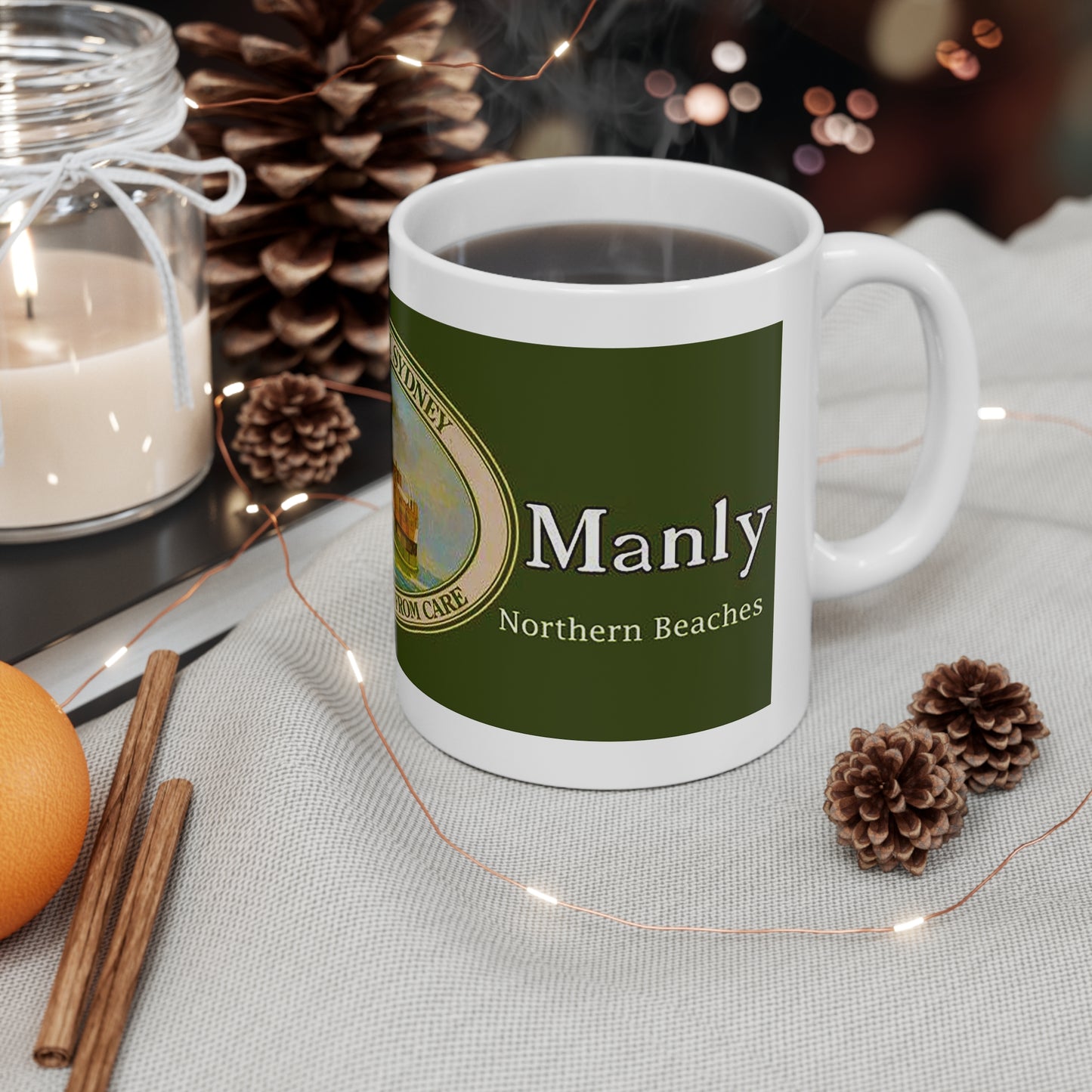 Coffee Mug - LOST MANLY LOGO 'Seven Miles from Sydney' South Steyne Travel Poster from the 1940s - 10 year Anniversary Commemorative Mug - Lost Manly Shop