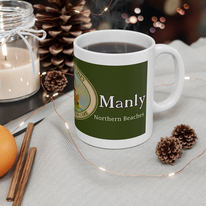 Coffee Mug - LOST MANLY LOGO 'Seven Miles from Sydney' South Steyne Travel Poster from the 1940s - 10 year Anniversary Commemorative Mug - Lost Manly Shop