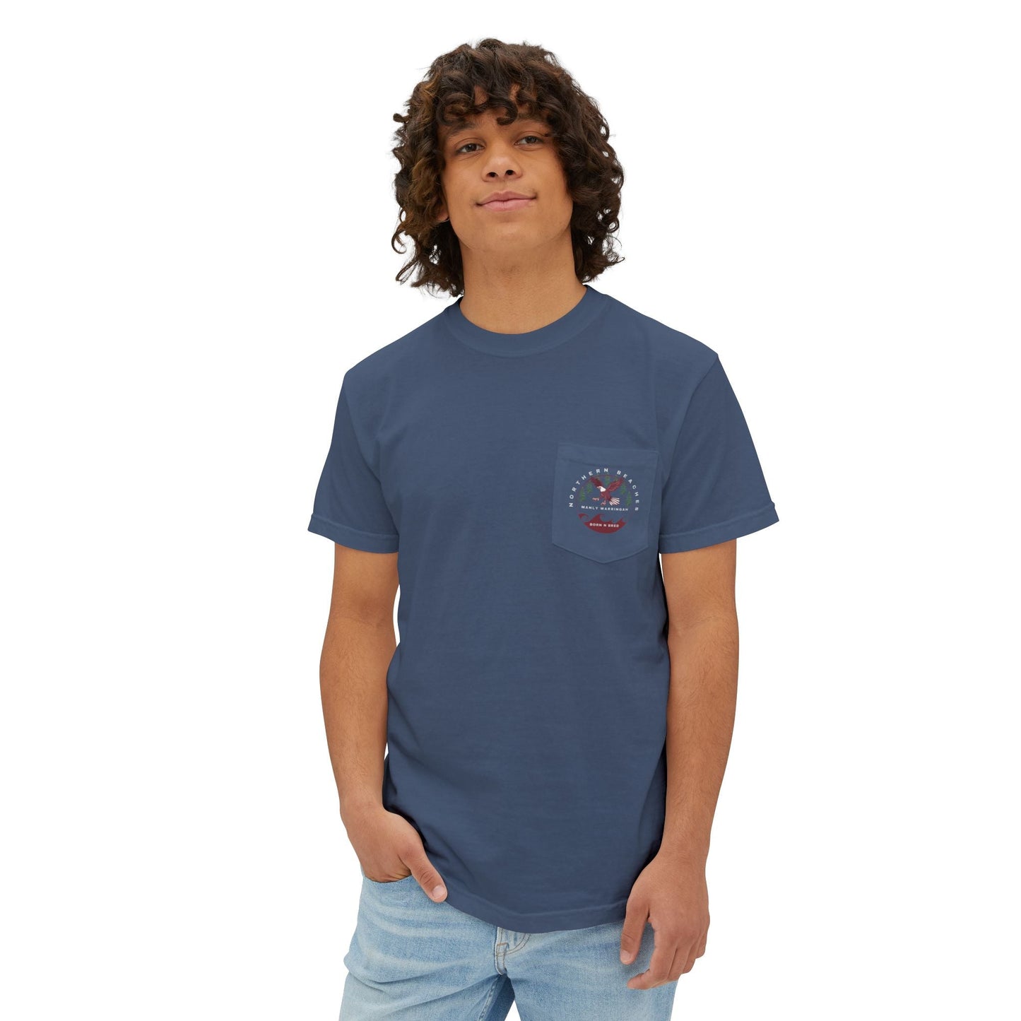 "The Westwood" Northern Beaches custom logo on front and back Pocket T-Shirt - Vintage Style for Beach Lovers