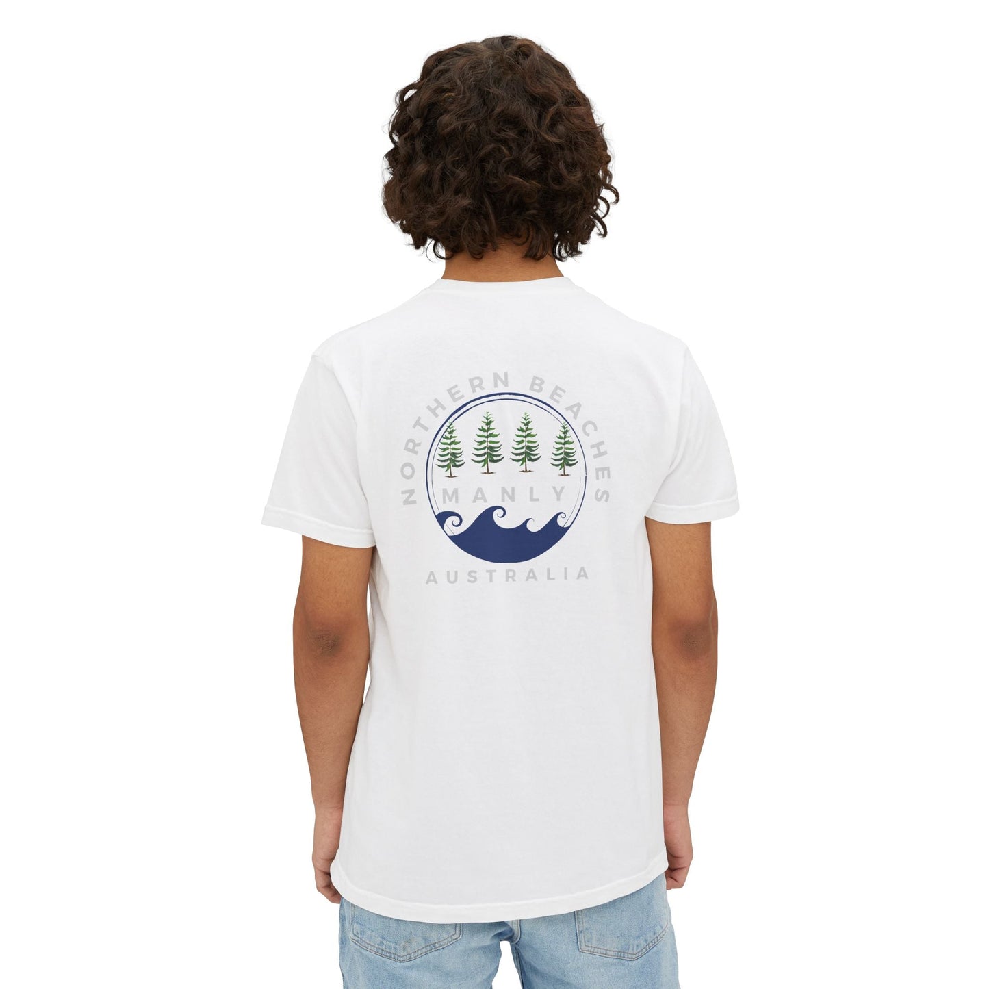 "The Westwood" Northern Beaches custom logo on front and back Pocket T-Shirt - Vintage Style for Beach Lovers