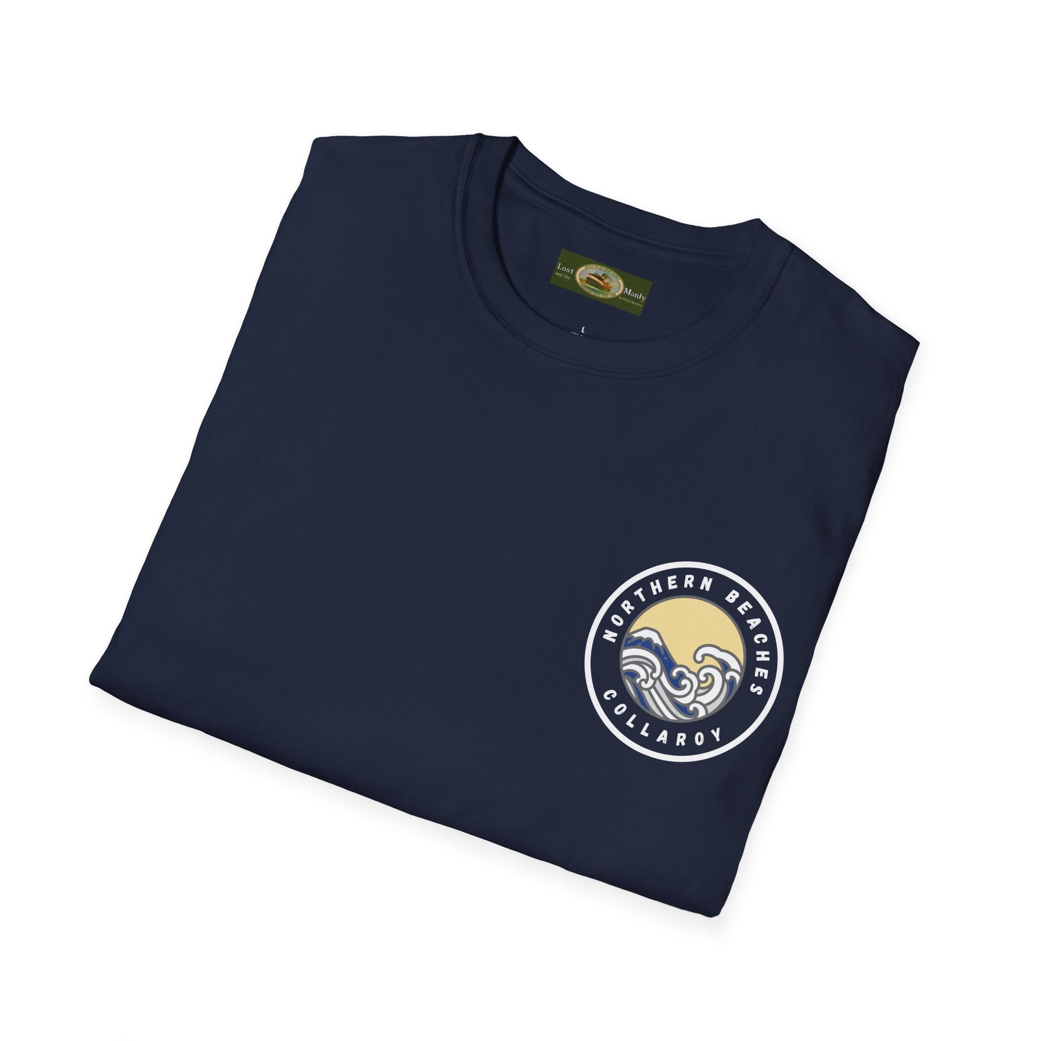 Collaroy custom logo front and sleeve. Lost Manly label. Unisex Soft style T-Shirt Printify