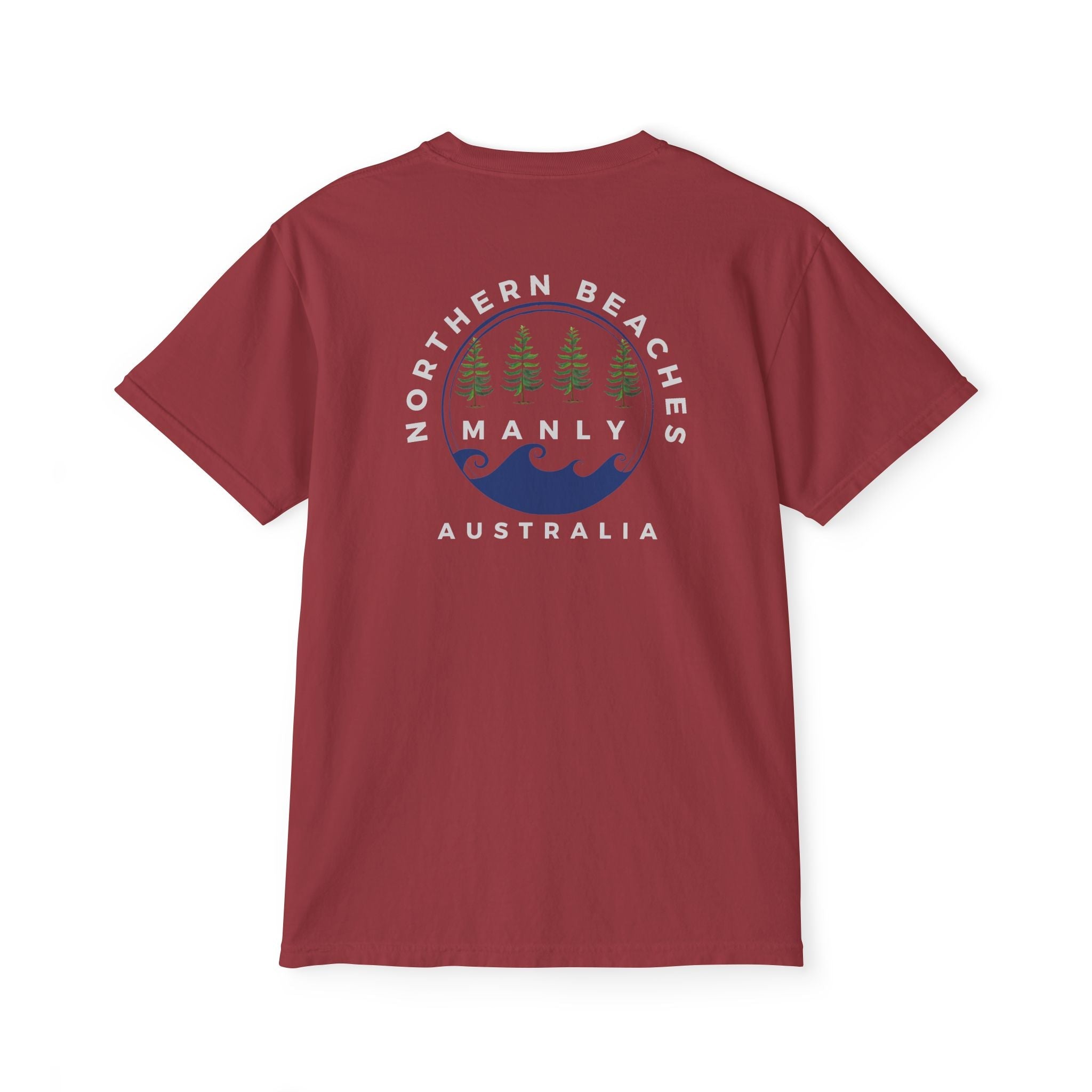 "The Westwood" Northern Beaches custom logo on front and back Pocket T-Shirt - Vintage Style for Beach Lovers Printify