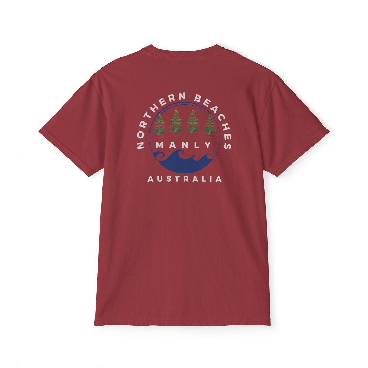 "The Westwood" Northern Beaches custom logo on front and back Pocket T-Shirt - Vintage Style for Beach Lovers