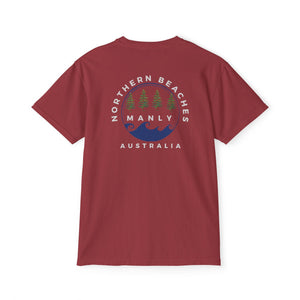 "The Westwood" Northern Beaches custom logo on front and back Pocket T-Shirt - Vintage Style for Beach Lovers Printify