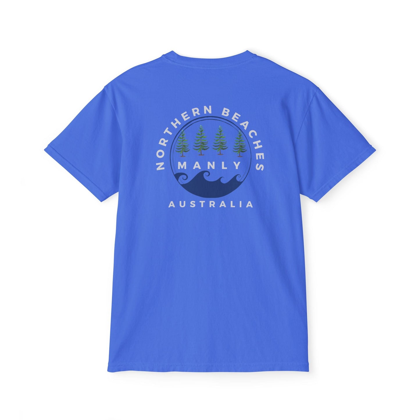 "The Westwood" Northern Beaches custom logo on front and back Pocket T-Shirt - Vintage Style for Beach Lovers