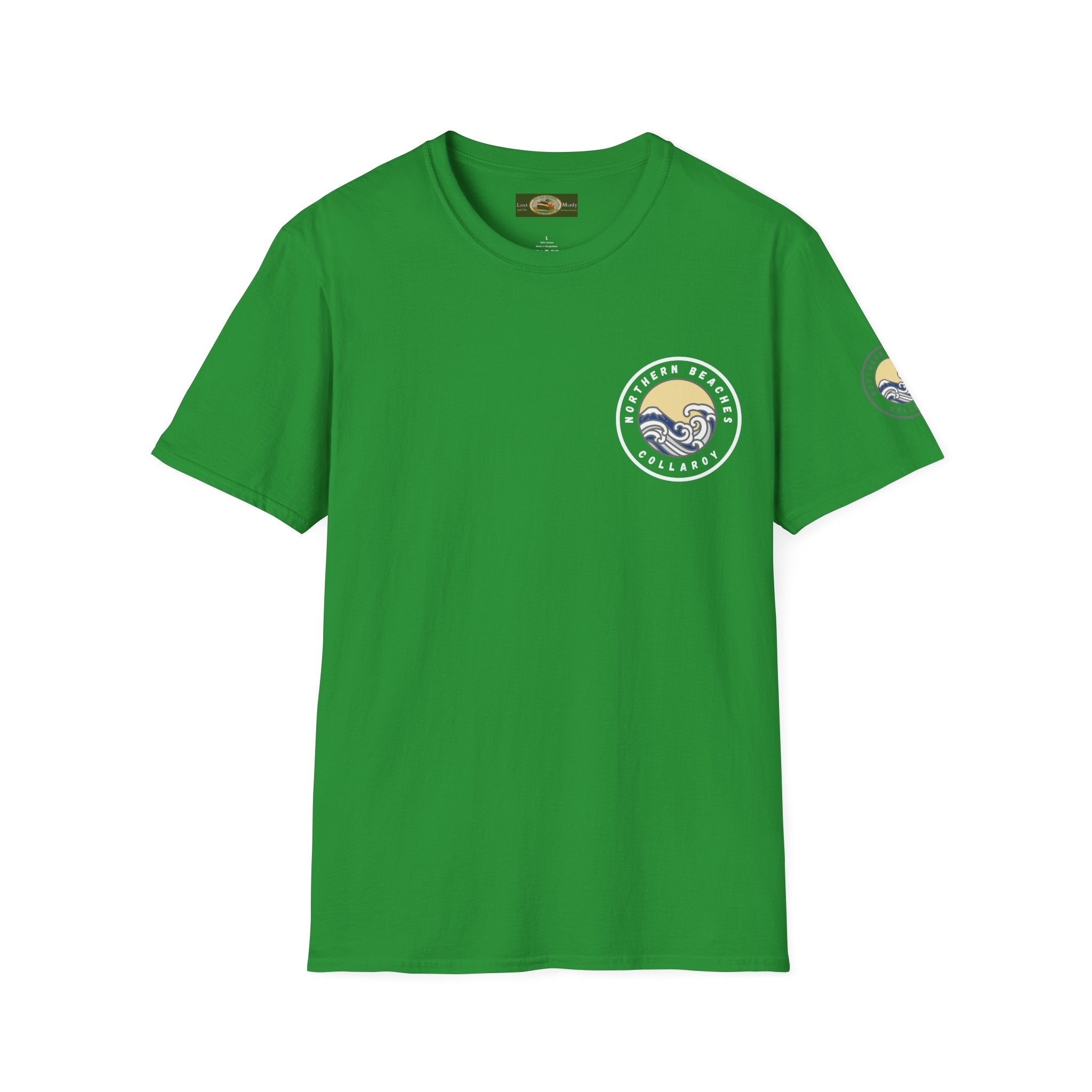 Collaroy custom logo front and sleeve. Lost Manly label. Unisex Soft style T-Shirt Printify