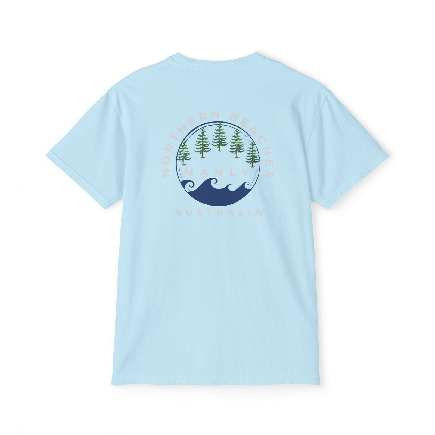 "The Westwood" Northern Beaches custom design front and back logo on Garment-Dyed Pocket T-Shirt for Nature Lovers