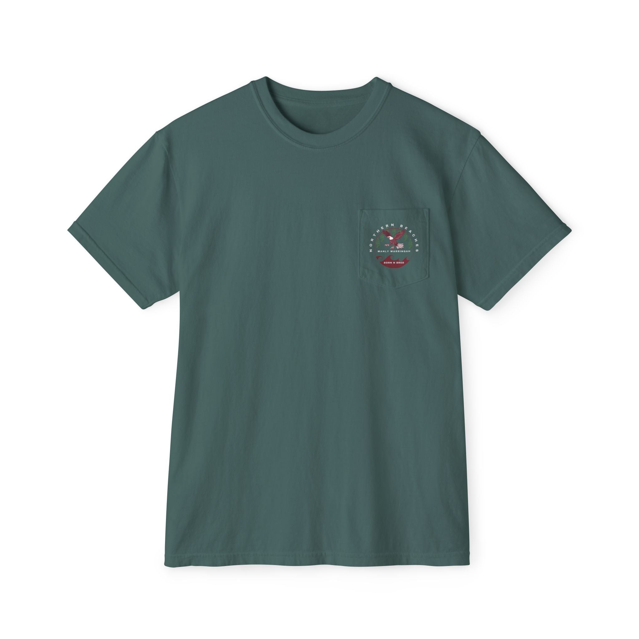 "The Westwood" Northern Beaches custom design front and back logo on Garment-Dyed Pocket T-Shirt for Nature Lovers Printify