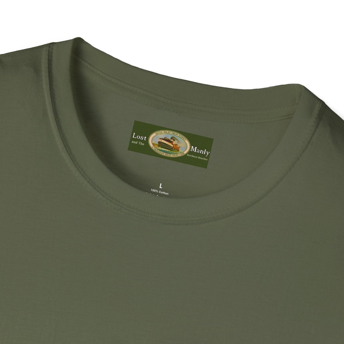 Collaroy custom logo front and sleeve. Lost Manly label. Unisex Soft style T-Shirt Printify