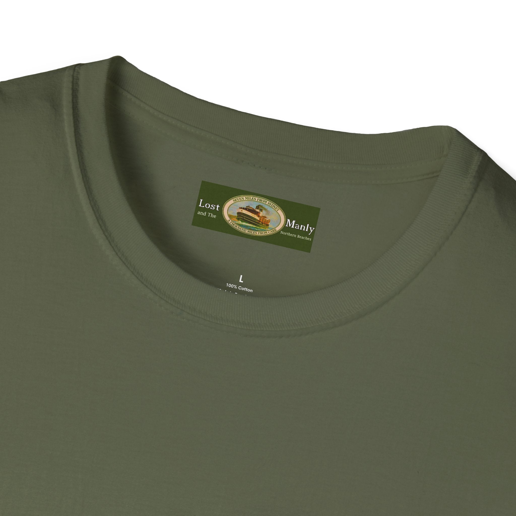 Collaroy custom logo front and sleeve. Lost Manly label. Unisex Soft style T-Shirt Printify