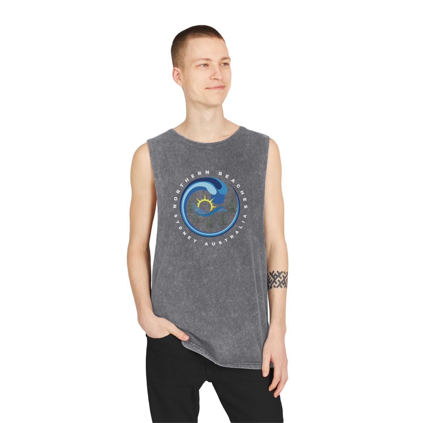 Lost Manly custom logo edition Stonewash Muscle Tank Top — Vintage Black Sleeveless Tee - Lost Manly Shop