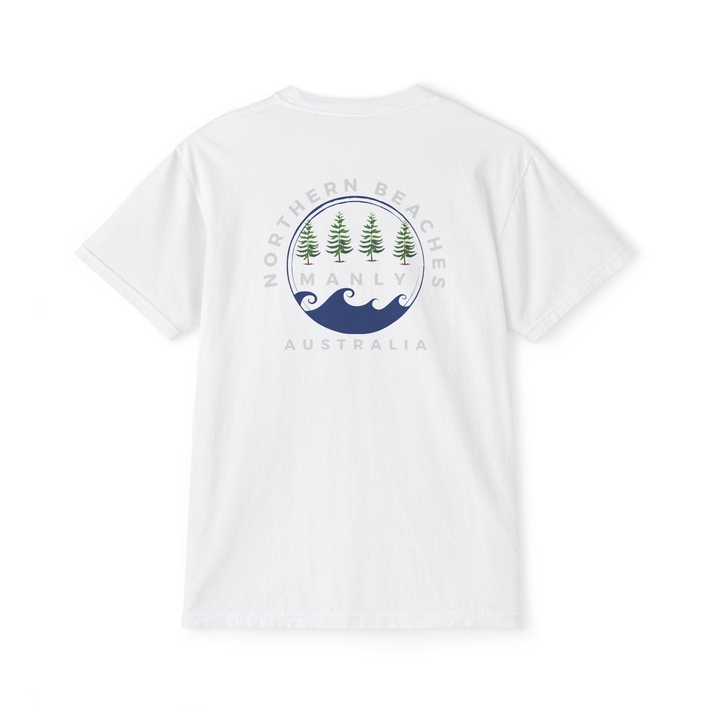 "The Westwood" Northern Beaches custom logo on front and back Pocket T-Shirt - Vintage Style for Beach Lovers