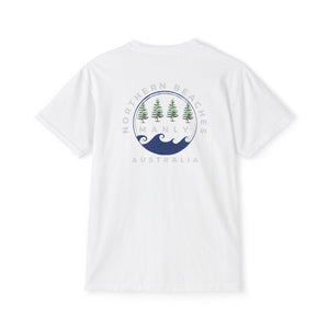 "The Westwood" Northern Beaches custom logo on front and back Pocket T-Shirt - Vintage Style for Beach Lovers Printify