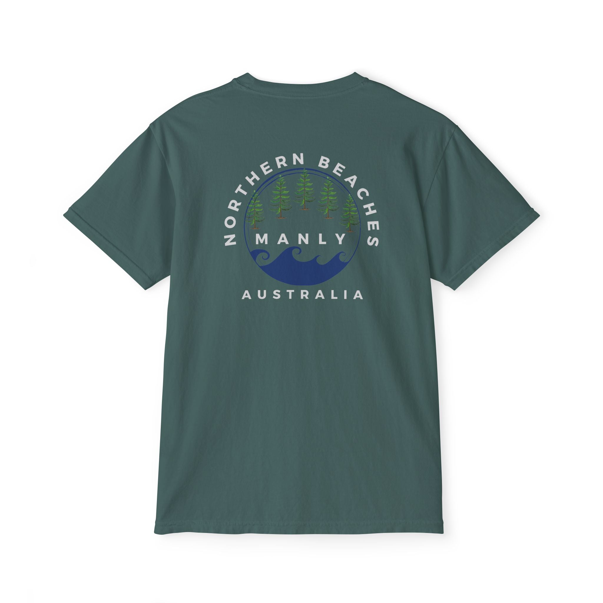 "The Westwood" Northern Beaches custom design front and back logo on Garment-Dyed Pocket T-Shirt for Nature Lovers Printify