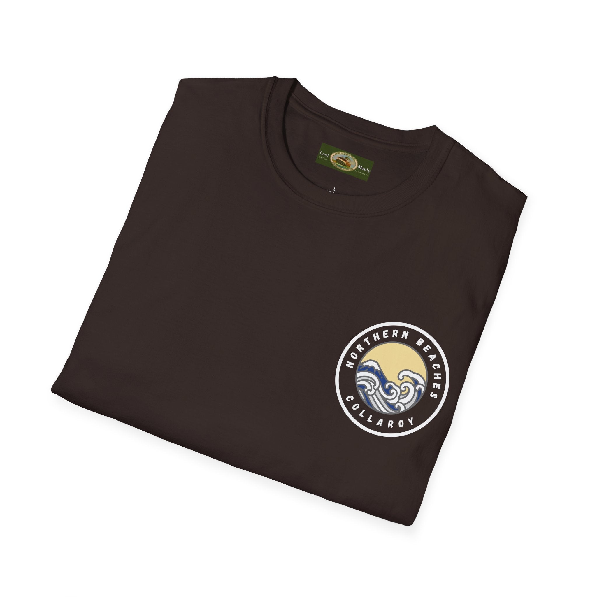 Collaroy custom logo front and sleeve. Lost Manly label. Unisex Soft style T-Shirt Printify